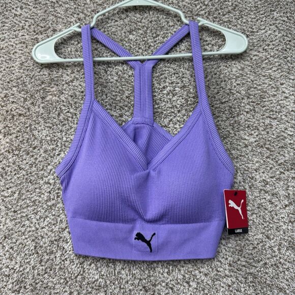 Puma Seamless Sports Bra Women's Large Purple Ribbed Drycell Low Support Y Back - Picture 1 of 12